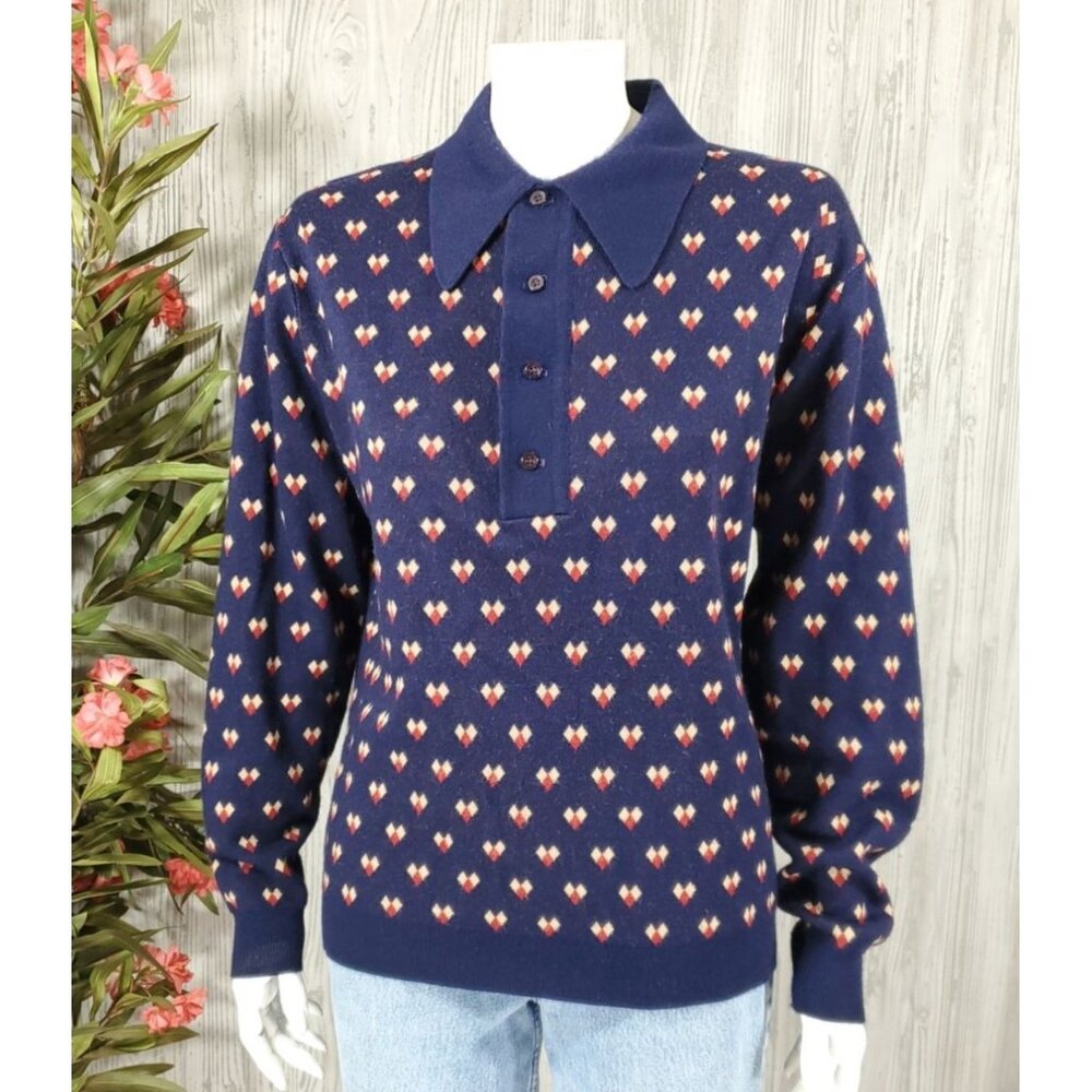 Vintage 50s 60s Sweater Navy Blue Novelty Heart Grandpa Collared Pullover